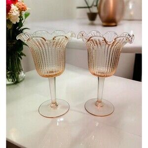 Set Of 2 Pink Glass Pedestal Candle Holders Vintage Ribbed Large 8.25” Tall Art